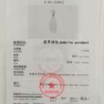 A jewelry certificate for the Icy Green Jadeite Cicada Pendant – Hand-Carved, Silver-Tone Bail shows a pendant photo, 3.91g weight, light green carving shape, texture details, inspection info, and includes official stamps and barcodes.