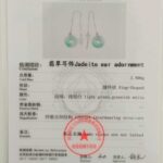 A jewelry testing certificate for Light Green Jadeite Donut Drop Earrings, featuring a photo of green jade ring-shaped earrings, technical details, measurements, stamp, and official logos.