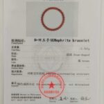 A certificate for the Natural Hetian Jade Beaded Bracelet, showing a photo of the round brown bracelet, test results, Chinese text, an official red star stamp, a barcode, and the NGTC (National Gemstone Testing Center) logo.