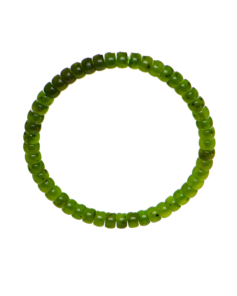 LYU_3768 The Natural Green Nephrite Jade Bracelet features handmade, polished round beads in a stretch design for men and women, arranged in a circle and shown on a white background.