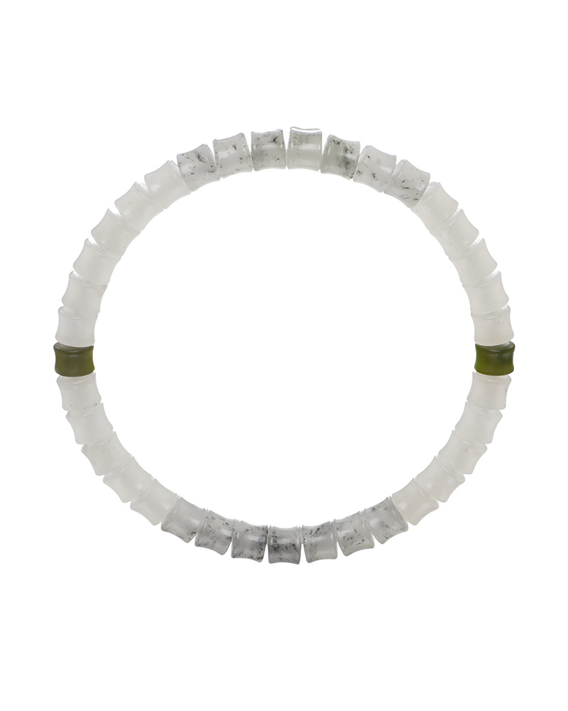 A circular White with Purple Veining Nephrite Jade Bracelet featuring translucent square disc beads and two green Hetian Biyu accent beads placed opposite each other; all beads display a marbled, speckled pattern.