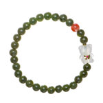 A Deep Green Nephrite Jade Bracelet featuring round beads, a single red agate accent, and a Yanyuan bear-shaped charm.