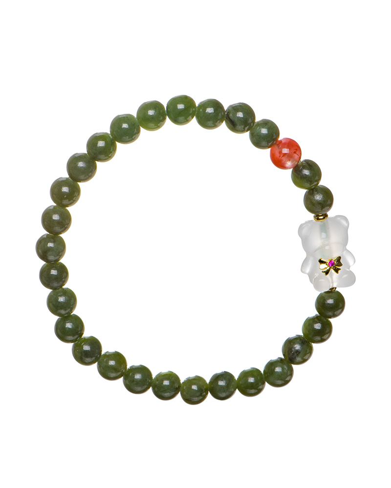 LYU_3774 A Deep Green Nephrite Jade Bracelet featuring round beads, a single red agate accent, and a Yanyuan bear-shaped charm.