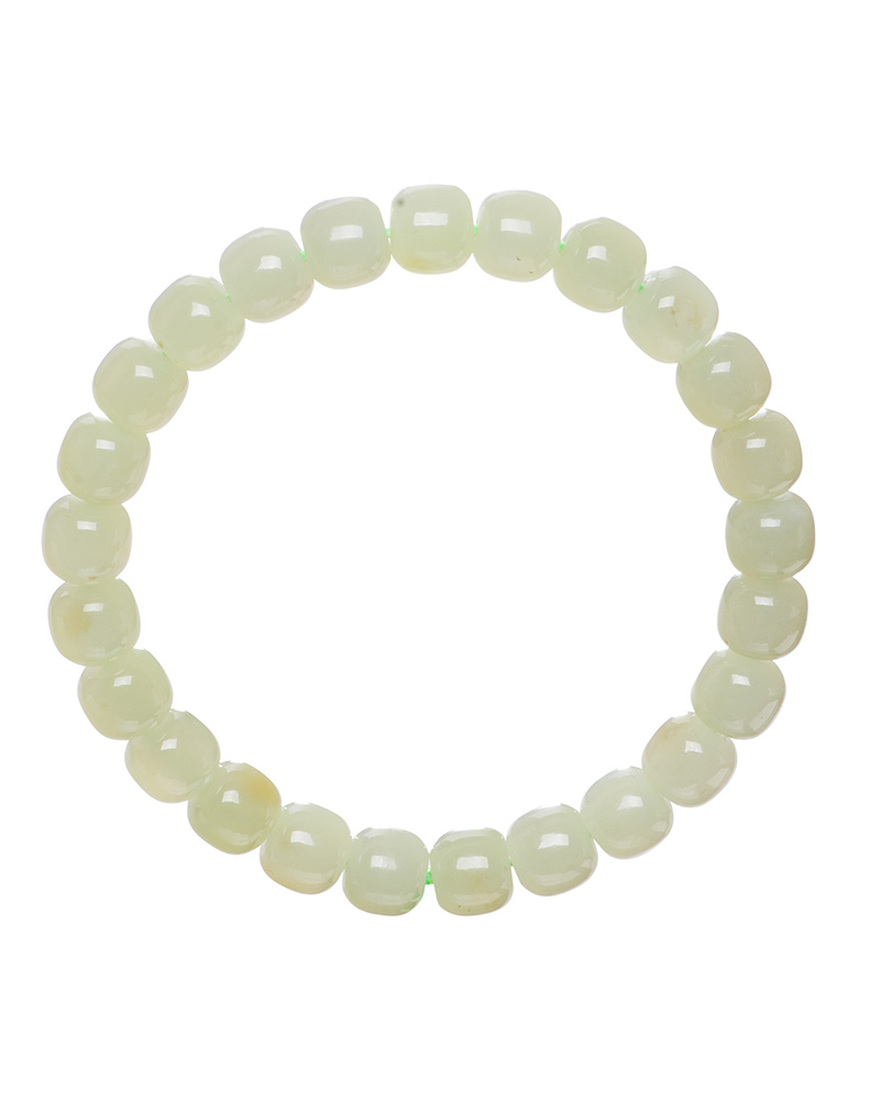 LYU_3775 The Handmade Jade Bracelet features translucent, pale green natural nephrite beads strung on elastic and displayed on a white background—a perfect jewelry gift for healing, balance, and good luck.