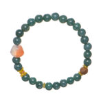 Green Jadeite Bracelet – Round Beads with Clear Buddha-Head Charm features round green jadeite beads, a standout clear Buddha-head charm, gold accents, and sections adorned with purple and yellow details.