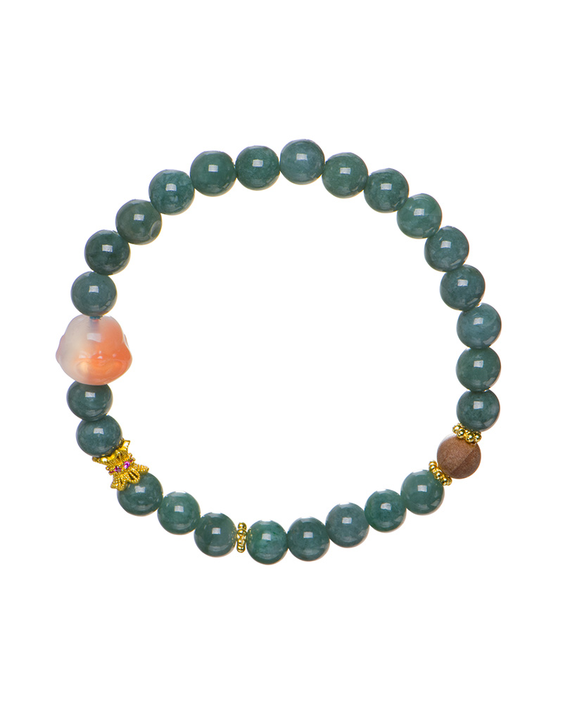 LYU_3777 Green Jadeite Bracelet – Round Beads with Clear Buddha-Head Charm features round green jadeite beads, a standout clear Buddha-head charm, gold accents, and sections adorned with purple and yellow details.
