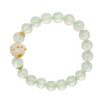 The Mint Green Aventurine Quartz Bracelet features round semi-translucent pale green beads, a white cat paw charm, and two small gold accent beads, displayed on a white background.