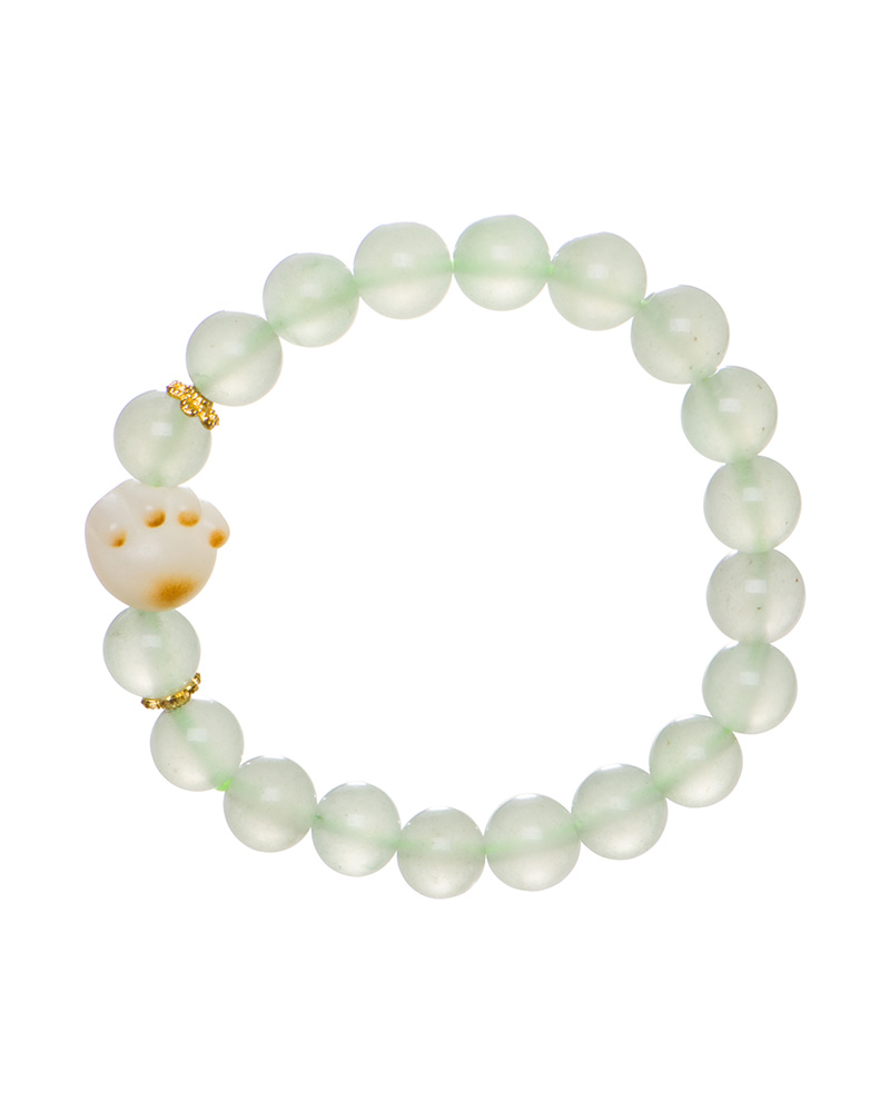 LYU_3779 The Mint Green Aventurine Quartz Bracelet features round semi-translucent pale green beads, a white cat paw charm, and two small gold accent beads, displayed on a white background.