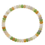 The Pastel Spectrum Nephrite Jade Bracelet features heishi rondelle beads in white, green, yellow, and light brown arranged on an elastic cord for a colorful, comfortable fit.