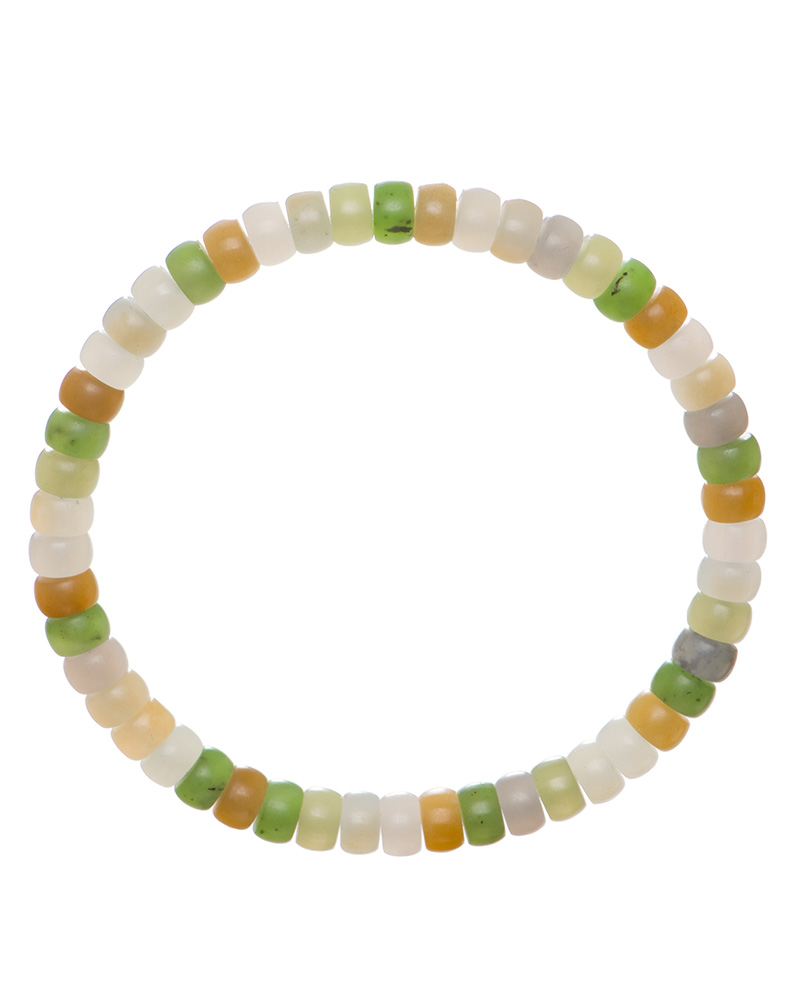LYU_3780 The Pastel Spectrum Nephrite Jade Bracelet features heishi rondelle beads in white, green, yellow, and light brown arranged on an elastic cord for a colorful, comfortable fit.