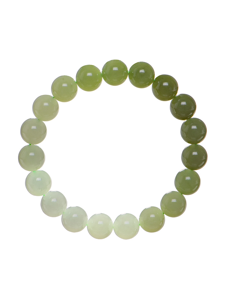 The Gradient Green Nephrite Jade Bracelet features natural round beads in celadon-to-olive green shades, elegantly arranged in a circle.