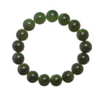 The Deep Green Nephrite Jade Bracelet features 12mm polished round dark green beads, evenly spaced and connected in a circular design, displayed against a white background.