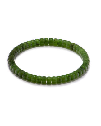 Studio photo of a fresh green Nephrite (soft jade) bracelet, featuring slim rondelle beads with subtle speckling and a smooth polish, on a white background.