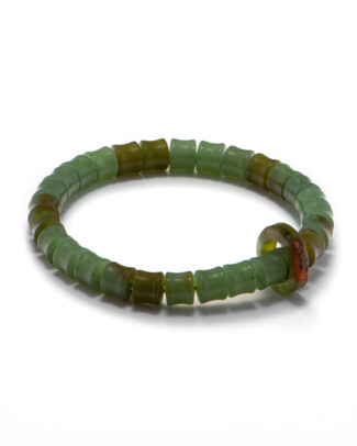 Studio photo of a green Nephrite (soft jade) bracelet, featuring carved ring-shaped beads with deeper olive sections and a brownish-red accent ring, on a white background.