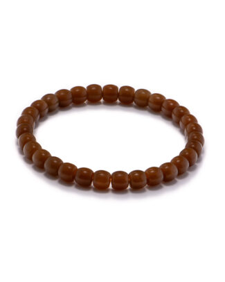 Studio photo of a cognac-brown Nephrite (soft jade) bracelet, featuring drum-shaped beads with a high-polish finish, on a white background.