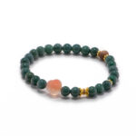 Deep green jadeite bead bracelet with a quartzite carved Buddha head centerpiece and gold-tone accents on white background.