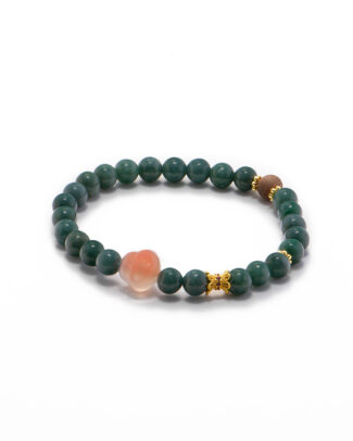 Deep green jadeite bead bracelet with a quartzite carved Buddha head centerpiece and gold-tone accents on white background.