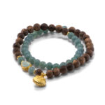 Dual-strand jadeite and wood bead bracelet featuring deep-green jadeite beads and warm brown wood beads on a white background.