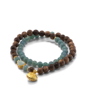 Dual-strand jadeite and wood bead bracelet featuring deep-green jadeite beads and warm brown wood beads on a white background.