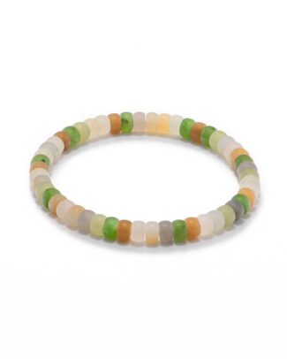 Pastel spectrum nephrite jade heishi bracelet in white, gray, green, and warm tan tones, photographed on a clean white background.
