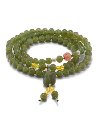 Grayish-green nephrite bead multi-wrap bracelet with carved focal element and warm translucent accents on a white background.