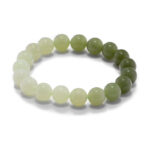 Studio photo of a white-to-olive Nephrite (soft jade) bracelet, featuring spherical beads with a smooth polish and a soft gradient strand, on a white background.