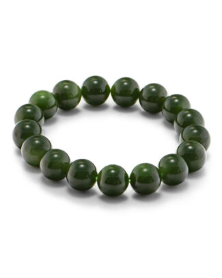Studio photo of a deep green Nephrite (soft jade) bracelet, featuring large spherical beads with a high-gloss polish, on a white background.