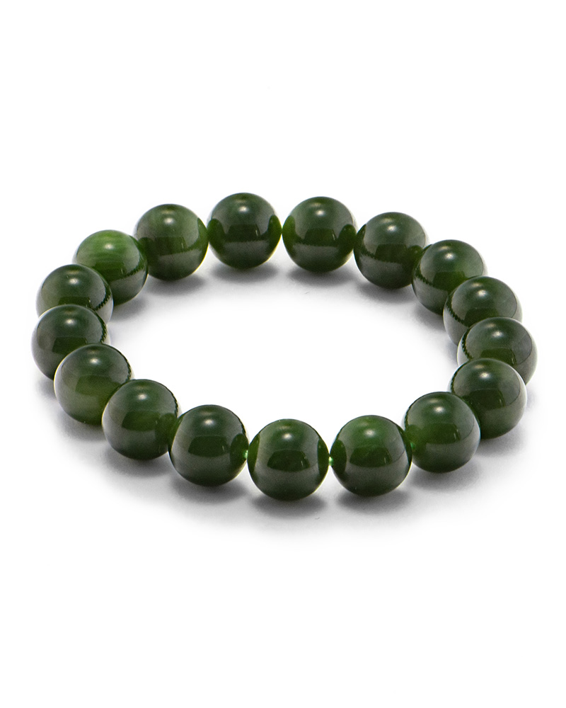 Studio photo of a deep green Nephrite (soft jade) bracelet, featuring large spherical beads with a high-gloss polish, on a white background.