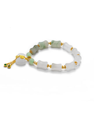 Studio photo of a white Quartzite jade bracelet, featuring carved pillow beads with pale green transitions and gold-tone accents with a tassel-style charm drop, on a white background.