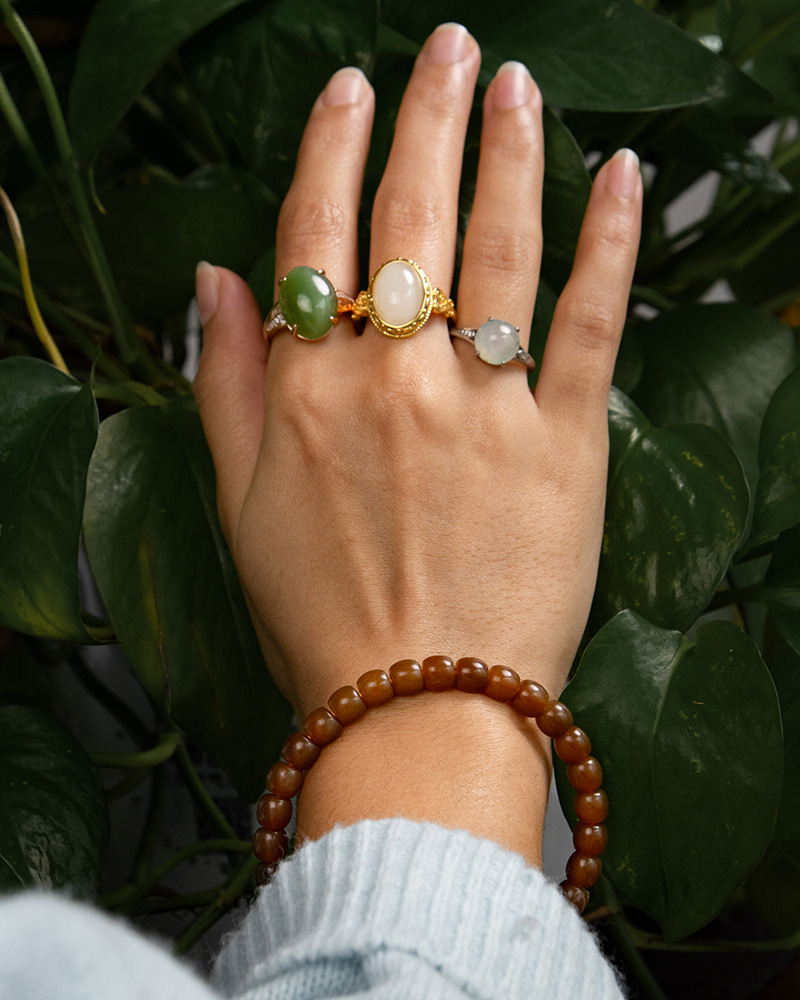 A hand adorned with three gemstone rings and a Natural Hetian Jade Beaded Bracelet – Beads for Meditation & Energy rests against green leaves. The person is wearing a light blue sleeve.