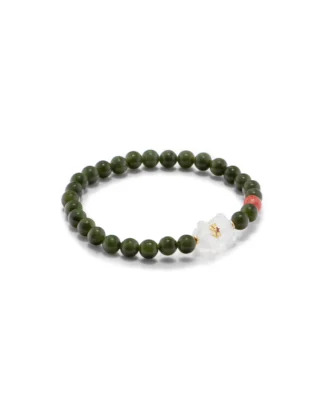 A round-bead nephrite jade bracelet in deep green, accented with a clear quartzite bear charm.