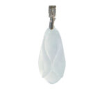 Carved icy jadeite cicada pendant with a high-polish sterling silver bail on white background