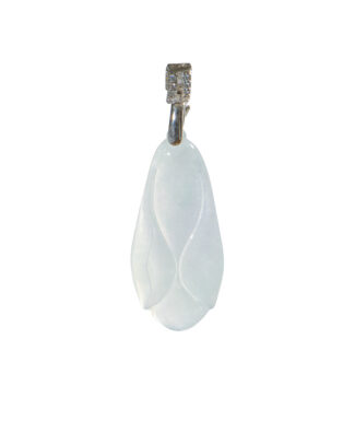 Carved icy jadeite cicada pendant with a high-polish sterling silver bail on white background