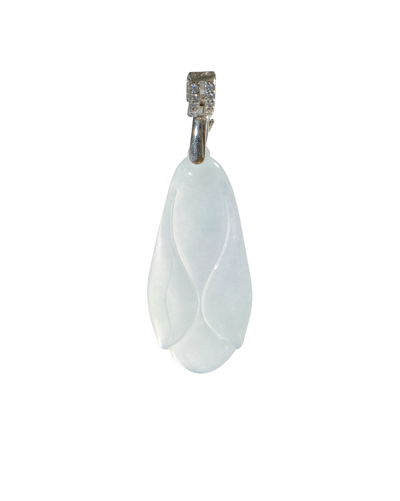 LYU_4425 Carved icy jadeite cicada pendant with a high-polish sterling silver bail on white background