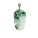Leaf-carved jadeite pendant with misty green inclusions and a high-polish sterling silver bail, on a white background