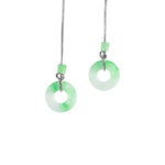 Greenish-white jadeite donut threader earrings in high-polish sterling silver, pair on a white background.