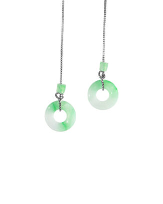 Greenish-white jadeite donut threader earrings in high-polish sterling silver, pair on a white background.