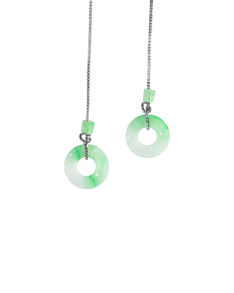 Greenish-white jadeite donut threader earrings in high-polish sterling silver, pair on a white background.