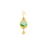 Light-green jadeite disc drop earring in an ornate gold-tone filigree setting with sparkling accents, on a white background