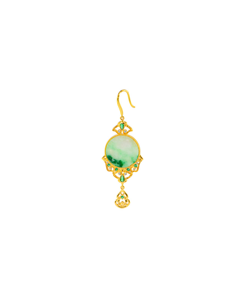 Light-green jadeite disc drop earring in an ornate gold-tone filigree setting with sparkling accents, on a white background