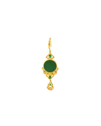Gold-tone filigree drop earring featuring a deep green round jadeite disc with teardrop accents and a polished hook earwire.