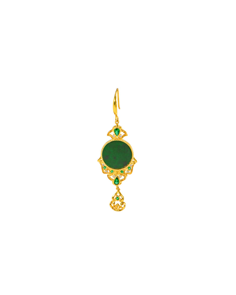 LYU_4928 Gold-tone filigree drop earring featuring a deep green round jadeite disc with teardrop accents and a polished hook earwire.