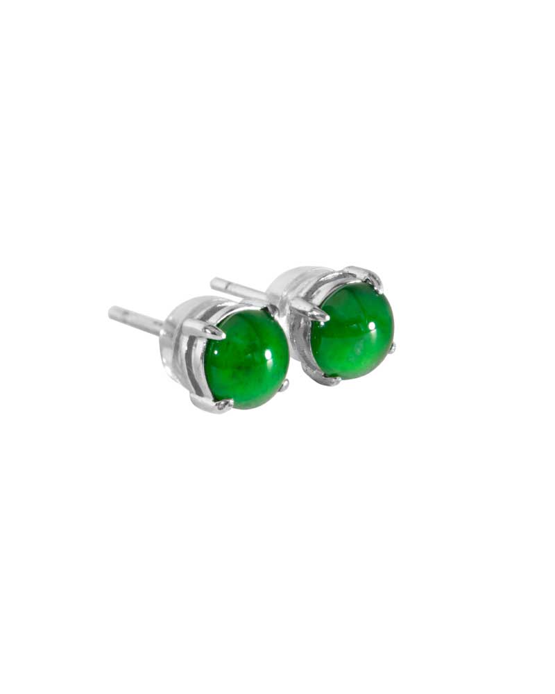 LYU_4933 Round green jadeite cabochon stud earrings in high-polish sterling silver prong settings on a white background.