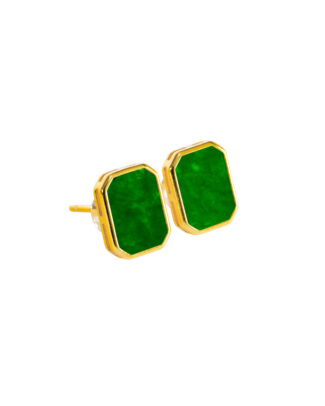 Pair of vivid green near-rectangular jadeite stud earrings in a high-polish sterling silver geometric bezel, on white background