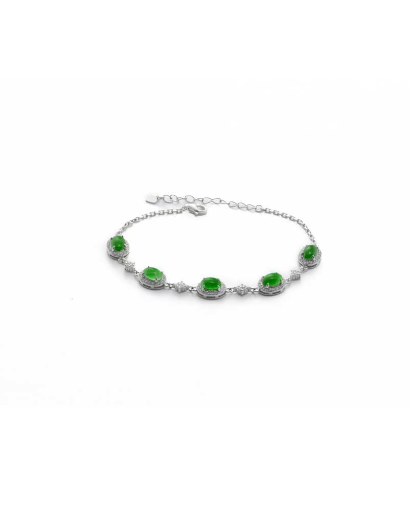 LYU_5217 Vivid green jadeite halo link bracelet in high-polish sterling silver