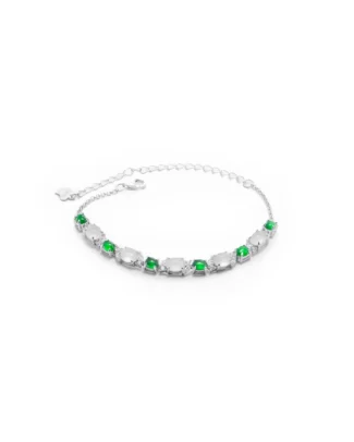 Introducing the Greenish White Jadeite Halo Station Bracelet: an elegant silver bracelet adorned with alternating green and clear gemstones that evoke the beauty of greenish white jadeite, featuring an adjustable chain and clasp, and shown against a white background.