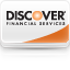 Discover Financial Services logo with bold black text and an orange circle in the letter O of DISCOVER, plus an orange swoosh beneath the text on a white background.