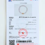A jewelry testing certificate displaying details for a jadeite bracelet, including weight, shape, color, and comments, with a photo of the bracelet and official stamps in red.