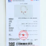 A gemstone testing certificate displays details for a Quartzite Jade adornment, including weight, shape, color, structure, and a red beaded bracelet photo. The document features official stamps and a barcode at the bottom.