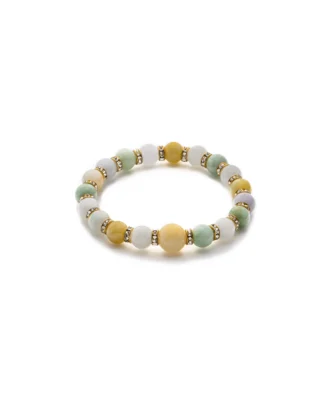 light green, greenish white, brownish yellow jadeite bracelet showing spherical beaded bracelet with a compact multicolor rhythm